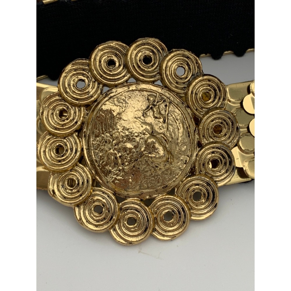 Vintage Gold Tone Metal Scale Belt Medallion Buckle Statement Waist Cinch Belt